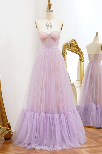 Strapless Lilac A Line Tulle Prom Dress with Lace-up Back